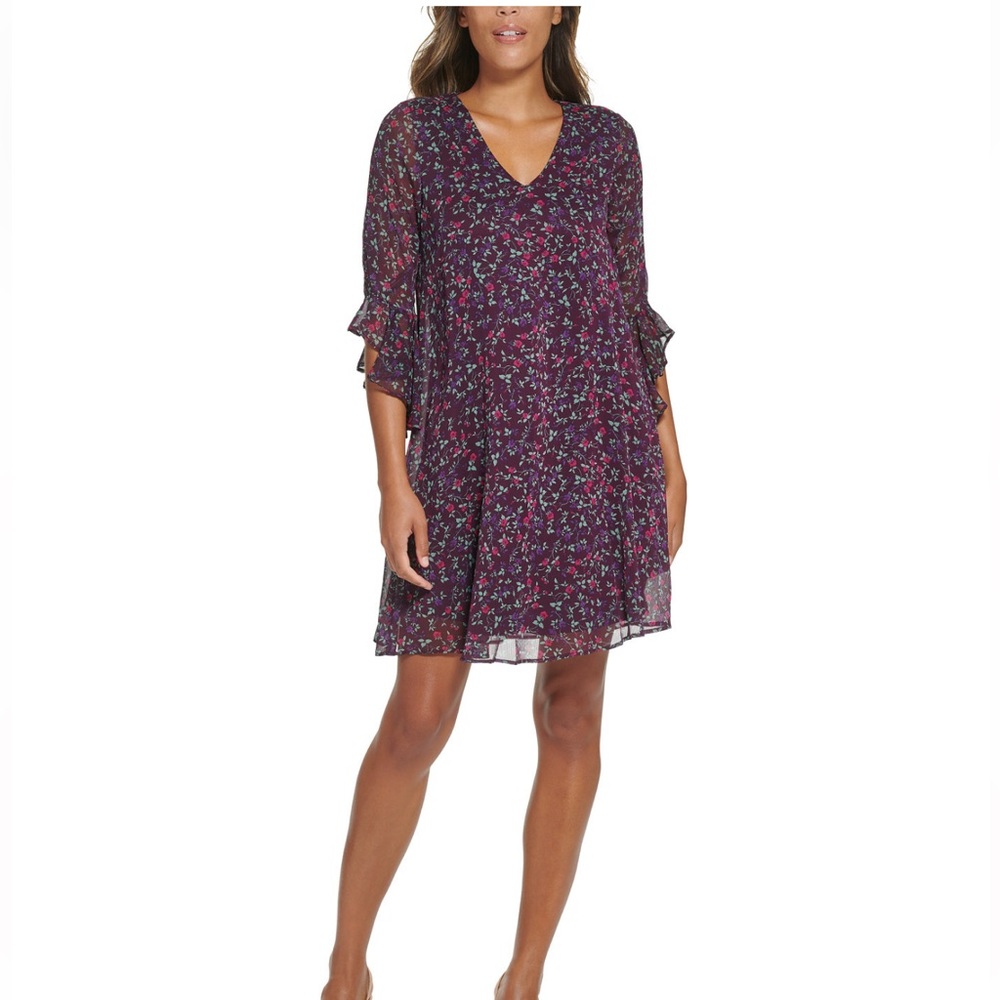 Calvin Klein printed ruffle sleeve trapeze dress size 6 NWT